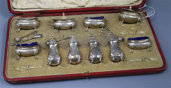 A cased Edwardian silver ten piece cruet set, George Edward & Sons, Chester, 1905/09.